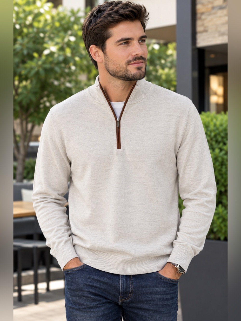 Peter Millar Men's Cream Zip-Neck Sweater with Brown Trim